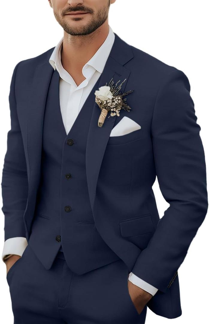 Men's 3 Piece Linen Suits Casual Lightweight Blazer Jackets Vest Pants Set for Wedding Business Prom Suit (Deep Blue) XXXL