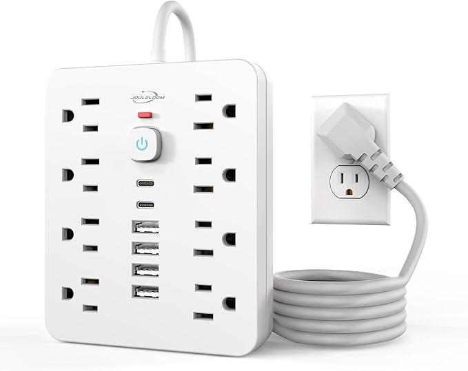 JouleLoom Power Strip Surge Protector with 8 Outlets, 4 USB and 2 USB C Ports, 5 Ft Extension Cord, Flat Plug, Wall Mount, Overload Protection Desk USB Charging Station for Home, Office（White）