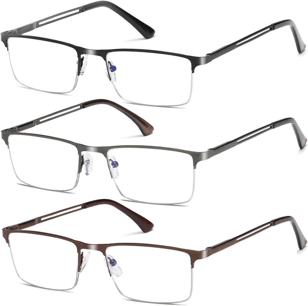 For Men Blue Light Blocking Reading Glasses, Half Frame Metal Readers with Spring Hinge, 3-Pack (Black&Gunmetal&Brown)