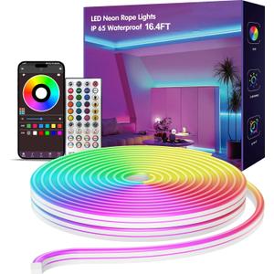 16.4 FT Neon Rope Lights,Bedroom for RGB LED Strip Lights,Outdoor IP65 Waterproof LED Lights, with Remote Control and Application Control, Music synchronous Color Changing Light, DIY Design