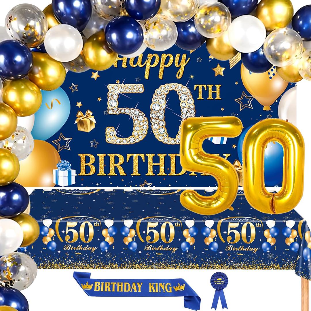 50th Birthday Decorations for Men  Blue and Gold Party Supplies with Backdrop, Balloon Arch, Tablecloth, Birthday King Sash, Pin, and Number 50 Foil Balloons for Birthday Party and Celebration