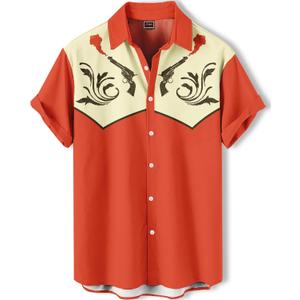 Western Cowboy Cat Shirt, Blue and Black, Short Sleeve, Button Down, Novelty Print Design (3X-Large, Smoke Revolver)