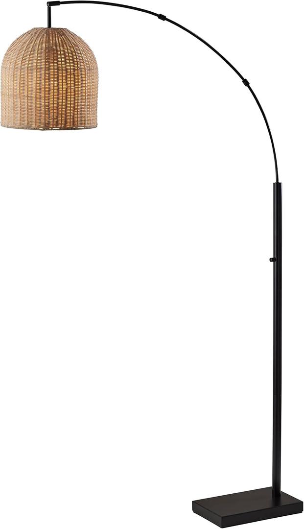 Adesso Bronze Arc Floor Lamp with a Rattan Shade – Modern, Coastal Overhead Accent Light for Bedroom, Living Room, or Home Office, 80” Tall