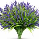 Artificial Flowers Outdoor Faux Lavender & Monkey Grass Fake Plants, UV Resistant for Garden Porch Patio Hanging Planter (12, Purple)