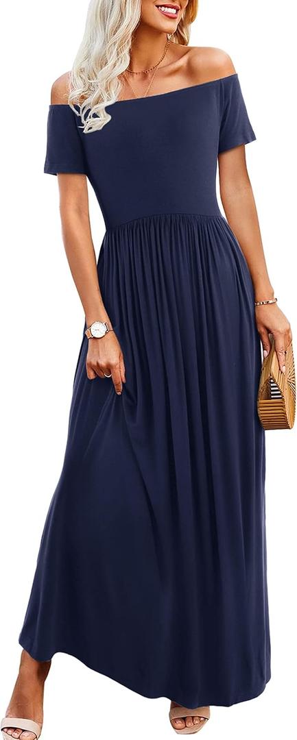 Amoretu Dresses for Women Short Sleeve Off Shoulder Maxi Flowy Casual Loose Plain Dress with Pockets (Large, Navy Blue)