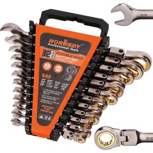 HORUSDY 12-Piece SAE Flex-Head Ratcheting Wrench Set with Organizer | 1/4 to 7/8 Ratchet Combination Wrenches Set | 72-Teeth | Chrome Vanadium Steel