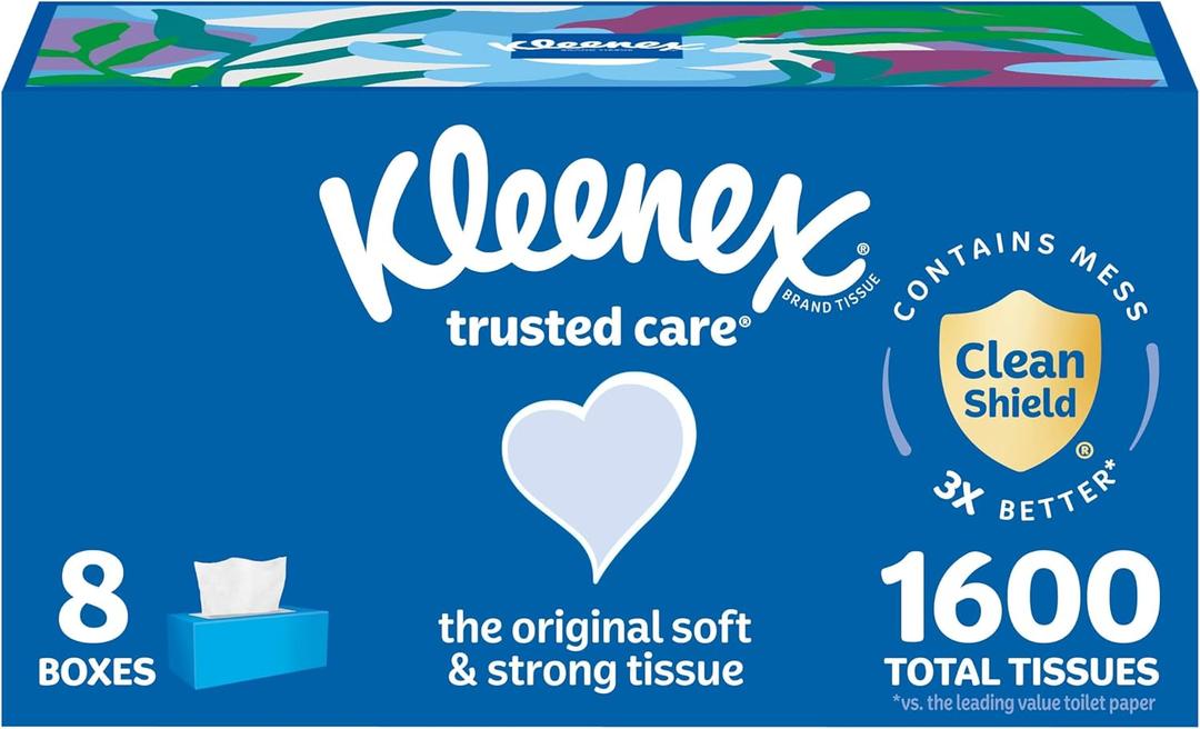 Kleenex Trusted Care Facial Tissues, 8 Flat Boxes, 200 Tissues per Box, 2-Ply, White