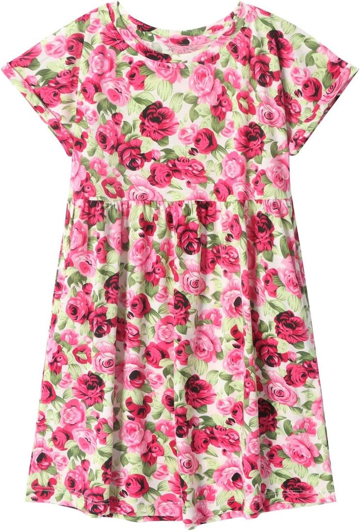 DaniChins Girl Casual Short Sleeve Floral Print Dress with Pockets
