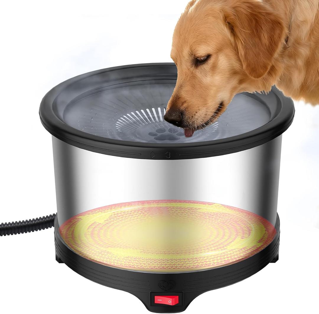 6.5L Heated Water Bowl, Stainless Steel Outdoor Heated Dog Bowl with Anti-Chew Cord, Large Capacity Heated Pet Slow Drinking Dish Provide Warm Water in Winter for Dogs