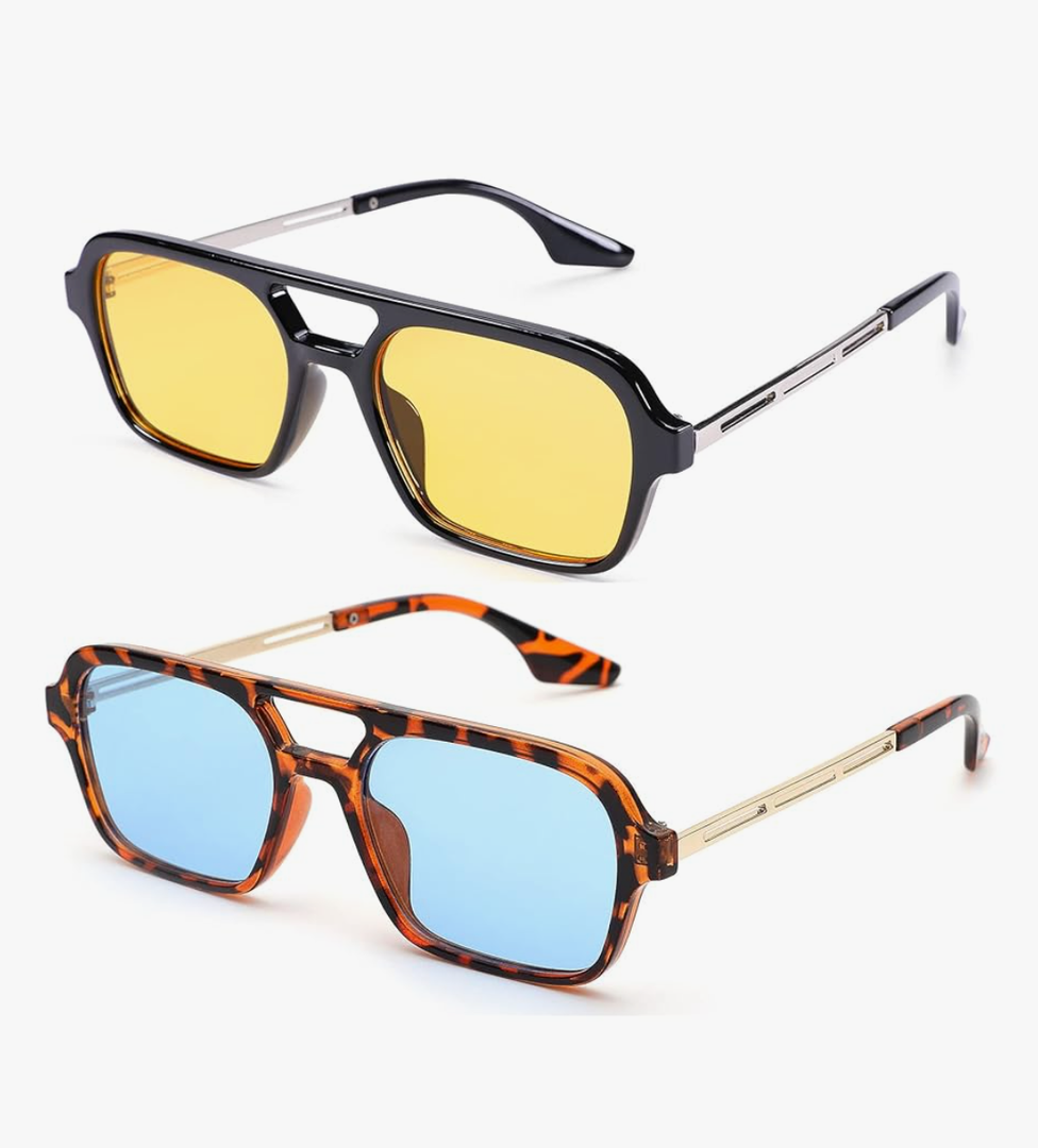 COASION Vintage 70s Flat Aviator Small Frame Sunglasses for Women Men Square Metal Design UV400 Protection Shades 2 Pack