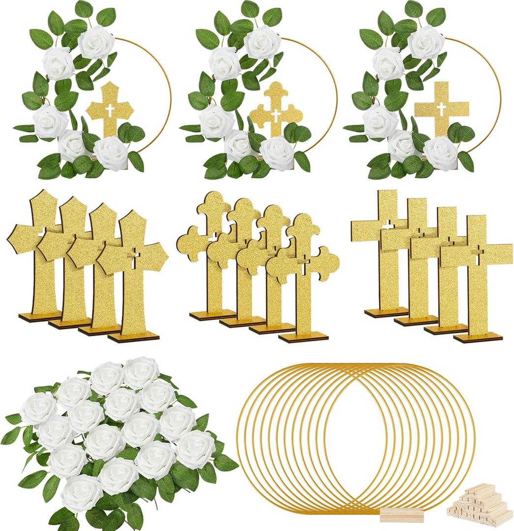Wesiti 48 Pcs Baptism Centerpiece First Communion Table Decoration 12 Wood Cross 12 Floral Hoop with Stand 24 Foam Rose with Stem for Baptism Baby Shower Wedding(Gold and White,Classic)