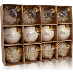 12PCS Clear Glitter Christmas Ball Ornaments, 3.15" Champagne Gold Sequin Christmas Decoration Set, Large Hanging Ornaments for Xmas Tree, Wedding, Holiday, Party