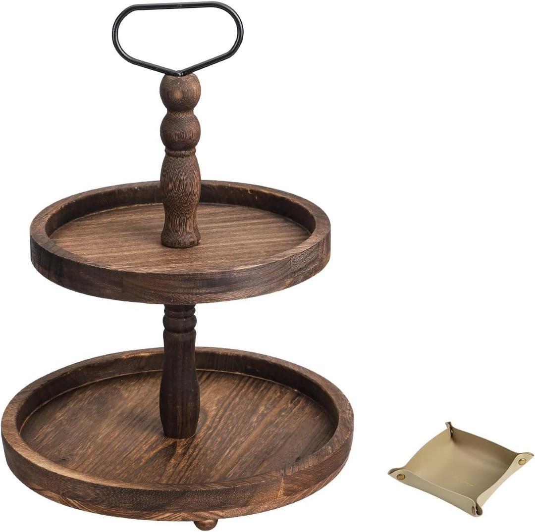 Farmhouse Wooden Decorative Two-Tiered Trays + Pu Leather Tray, Wood 2 Tier Serving Tray Stand for Rustic Table Centerpiece, Kitchen Decor, Coffee Bar, or Cupcake Stand (Brown)