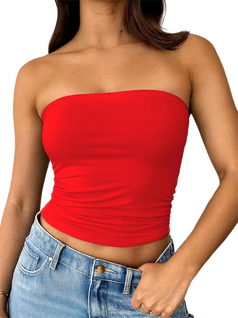 ForeFair Women Strapless Tube Tops Double Lined Ruched Backless Bandeau Going Out Top Basic Tank Tops (Red, S)