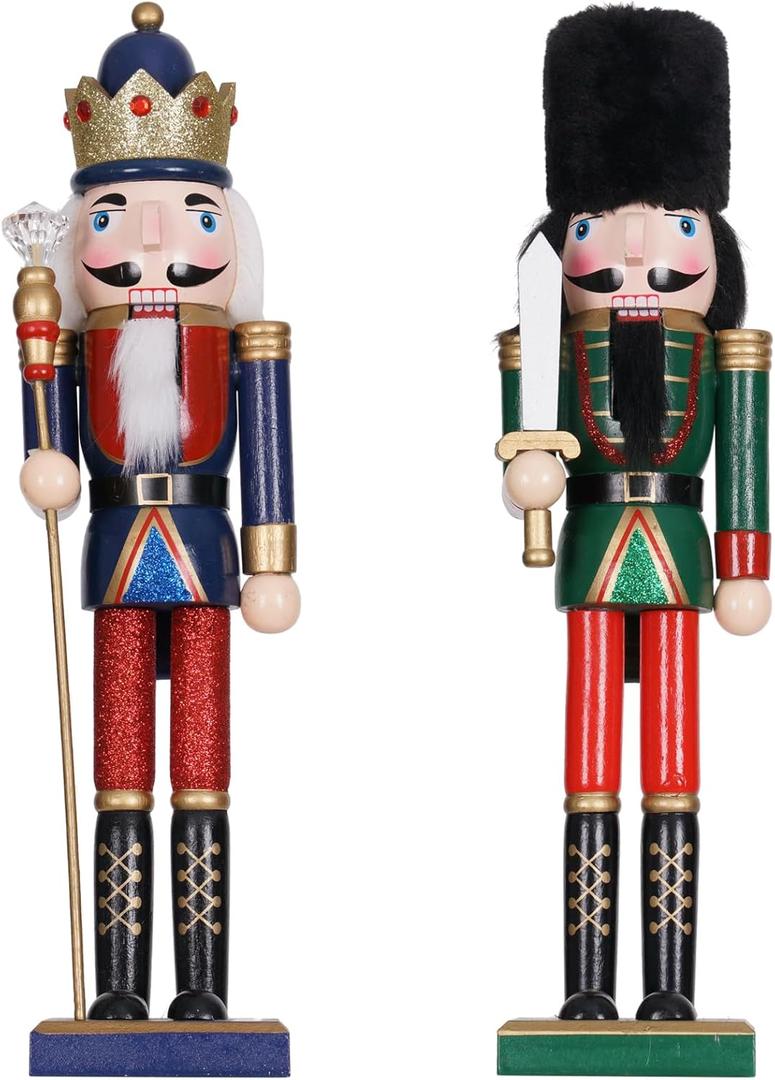 Nutcracker Christmas Decor Set of 2 15-Inch Wooden King and Soldier Blue Green Nutcracker Figure Ornaments for Table Mantel Christmas Tree Decorations