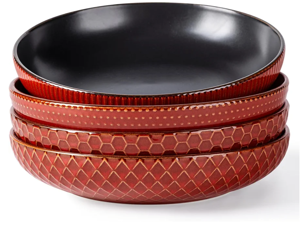 GBHOME 9.5'' Large Pasta Bowls, 42 Ounce Stoneware Salad Bowls for Kitchen, Ceramic Serving Bowls With Textured Pattern for Pasta,Fruit, Stews,Noodle, House-warming Gift, Set of 4-Rythmic Red