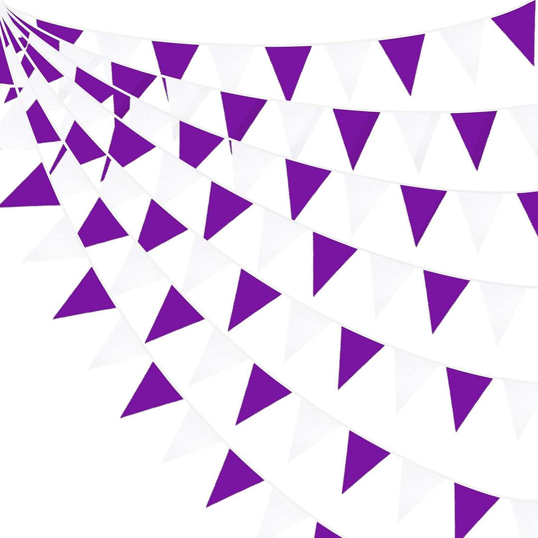 32Ft Purple and White Pennant Banner Fabric Triangle Flag Cotton Cloth Bunting Garland Kit for Wedding Birthday Lavender Party Home Nursery Outdoor Garden Hanging Festivals Decoration