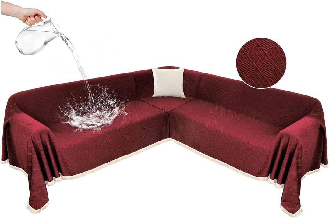 Waterproof Sectional Couch Covers Sectional Sofa Cover L Shaped Corner Sofa Slipcovers Blanket for Dogs Pets Washable Jacquard Quilted L Shape Furniture Protector (75x252 in, Wine Red)