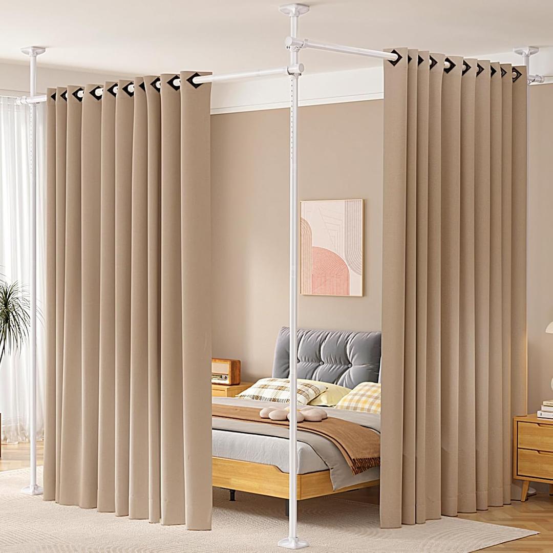 Room Divider No Drilling Curtain Rod Wall Divider for Room Separation, 4-10ft(H) 28-114inch(W) Adjustable, Heavy Duty Partition Space Separator Freestanding Tension Curtain Stand, White
