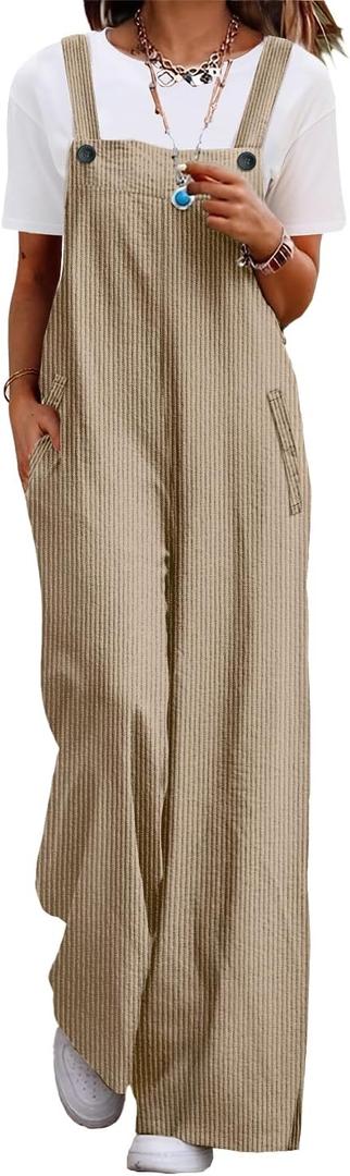 YESNO Women's Casual Corduroy Overalls Adjustable Straps Baggy Pants Wide Leg Jumpsuits with Pockets PC2 (Beige, M)