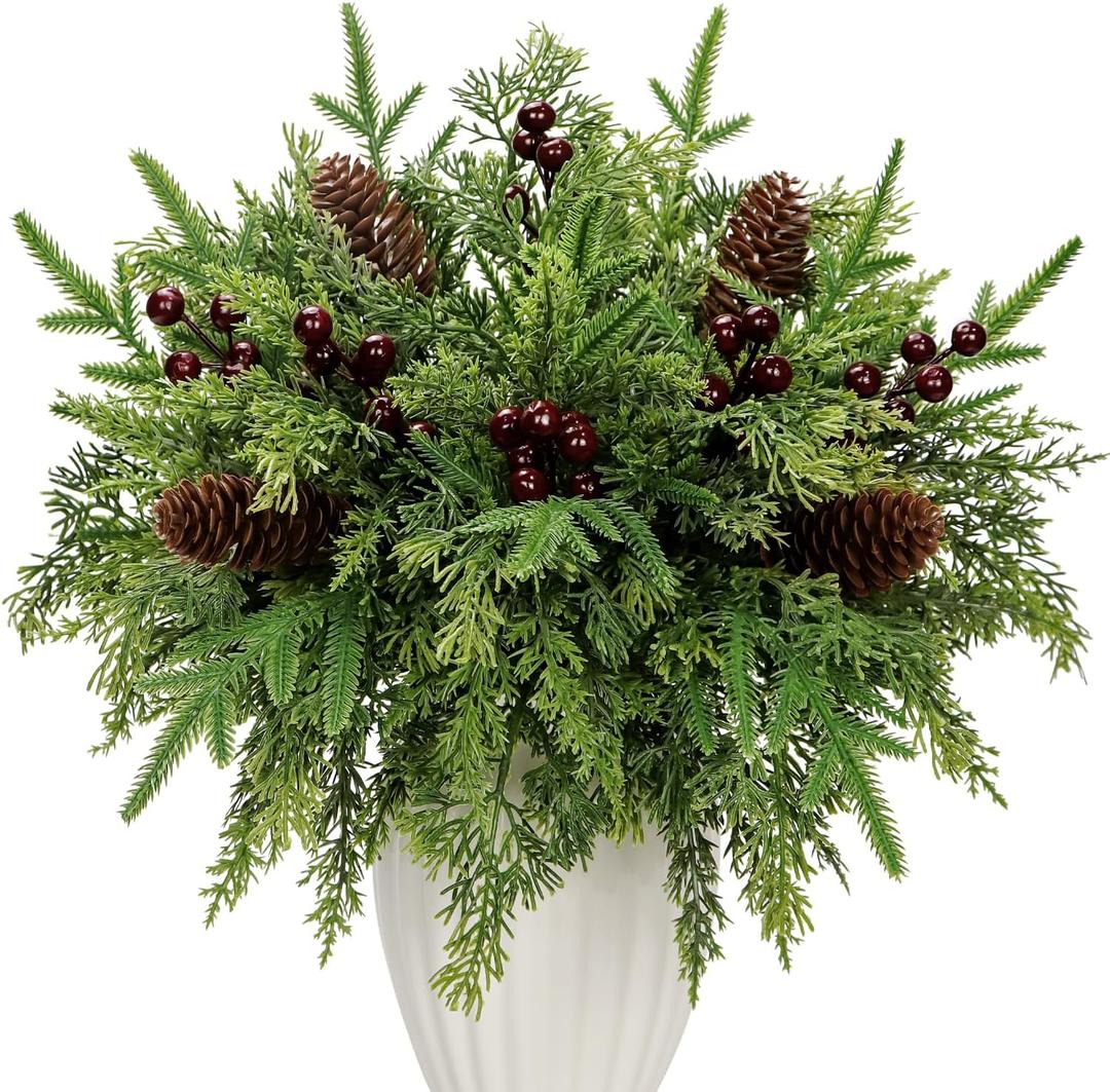 40 Pcs Christmas Artificial Pine Branch Pinecones Berry Set - Mixed Fake Greenery Twigs Foliage Sprigs Faux Pine Cones Picks Berries Stems for Vase DIY Craft Xmas Garland Home Decor (40, Red Berry)