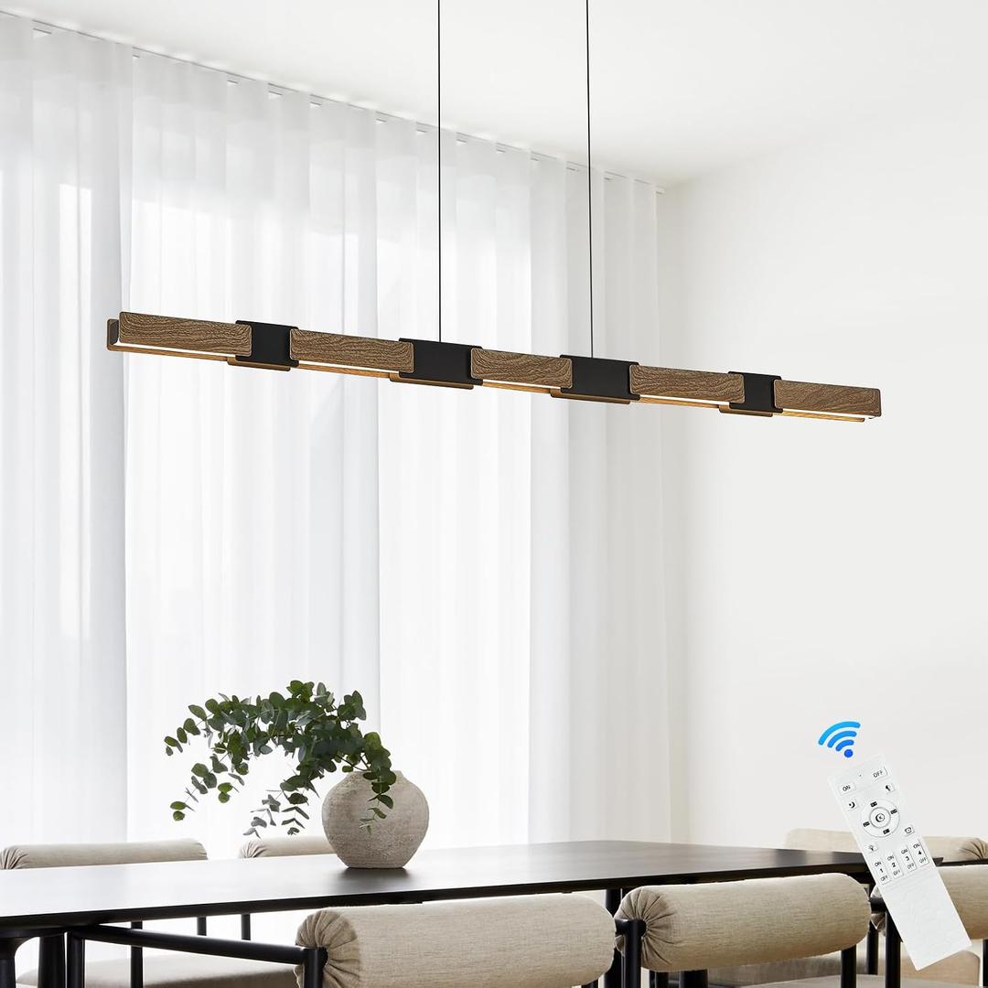 Modern LED Linear Pendant Lights 52 inch LED Chandelier Lighting for Home Office Black & Wood Dining Room Hanging Light Fixture Modern Dimmable Kitchen Island Lighting, 51.2''