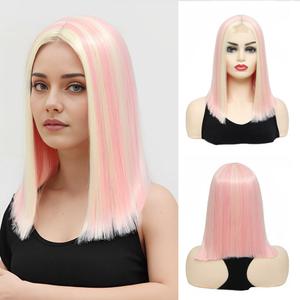 Beauty Flag Lace Frontal Wig - Blonde & Pink Skunk Stripe Bob, 4x1, Short Straight, Pre-Plucked Natural Hairline, 14 Inch