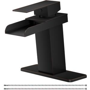 Oil Rubbed Bronze Bathroom Faucet for Sink 1 Hole Antique Waterfall Oiled Single Handle Vanity Basin Commercial Deck Mount Lavatory with Supply Line (6.61-Inch Short)