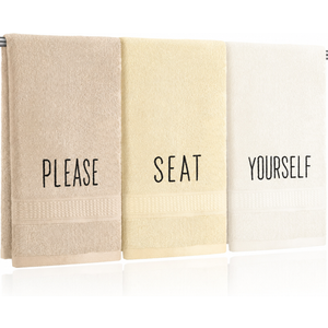 FuWeave 3 Pcs Farmhouse Decorative Hand Towels for Bathroom and Kitchen Rustic Embroidered Cotton Hand Towels Decorative Set for Boho Bathroom Decor(Beige,Please Seat Yourself)