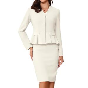 Allegra K 2 Piece Skirt Sets for Women Long Sleeve Blazer and Pencil Skirt Business Suits Cream White (Skirt Is Small And Jacket Is Large)