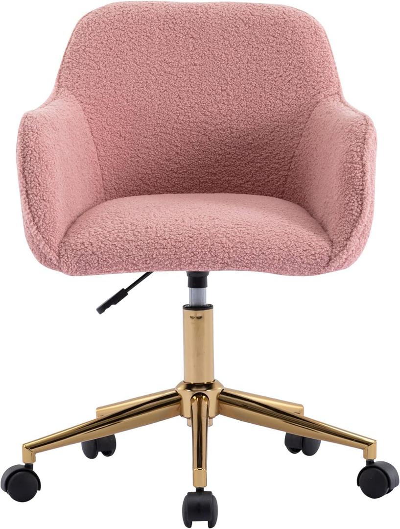 Yoluckea Modern Faux Fur Desk Chair for Women Girl Teens, Adjustable Swivel Cute Pink Desk Chair Home Office Desk Chair with Rolling Wheels, Furry Vanity Chair for Makeup Room Bedroom Living Room