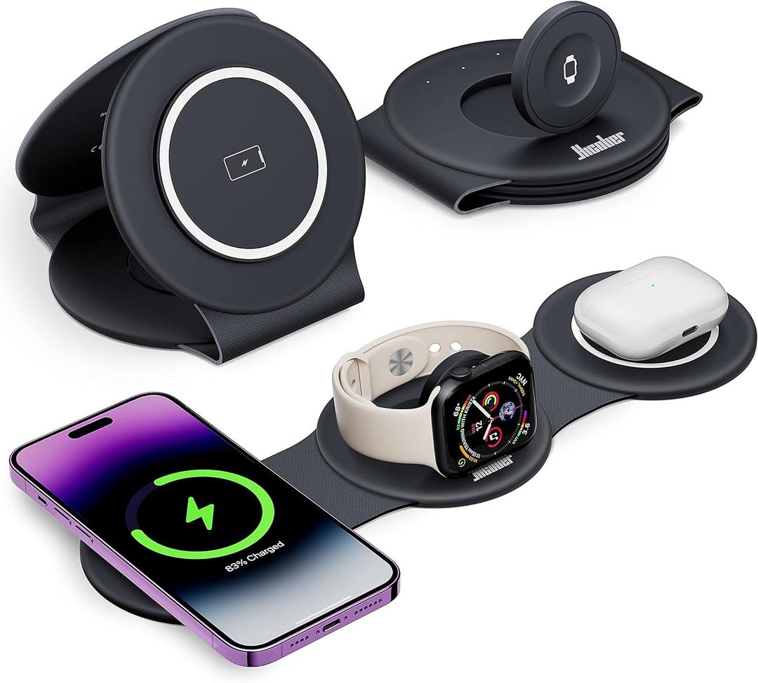 3 in 1 Charging Station for Apple Multiple Devices, Foldable Travel Wireless Charger 18W for iPhone 16 15 14 13 Pro Max Plus &Apple Watch Series/Airpods (Black)