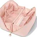MSTONAL Travel Makeup Bag, Large Capacity Cosmetic Bags for Women, Waterproof Portable Pouch Open Flat Make up Organizer Bag with Dividers and Handle, Toiletry Bag for Essentials (Medium, Pink)