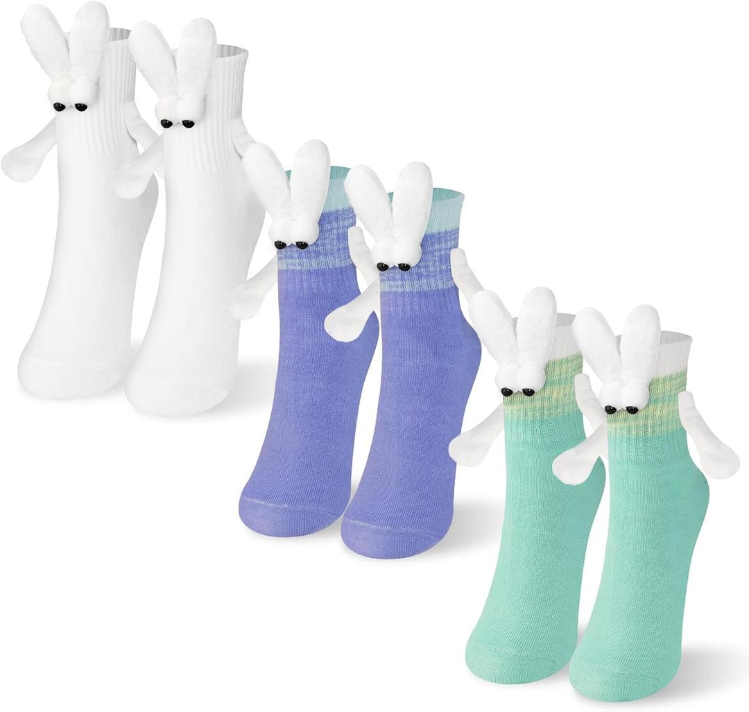 3 Pairs Easter Magnetic Holding Hands Socks, Funny Bunny Crazy Socks Mid-Tube Socks, Novelty Easter Gifts for Basket Stuffers