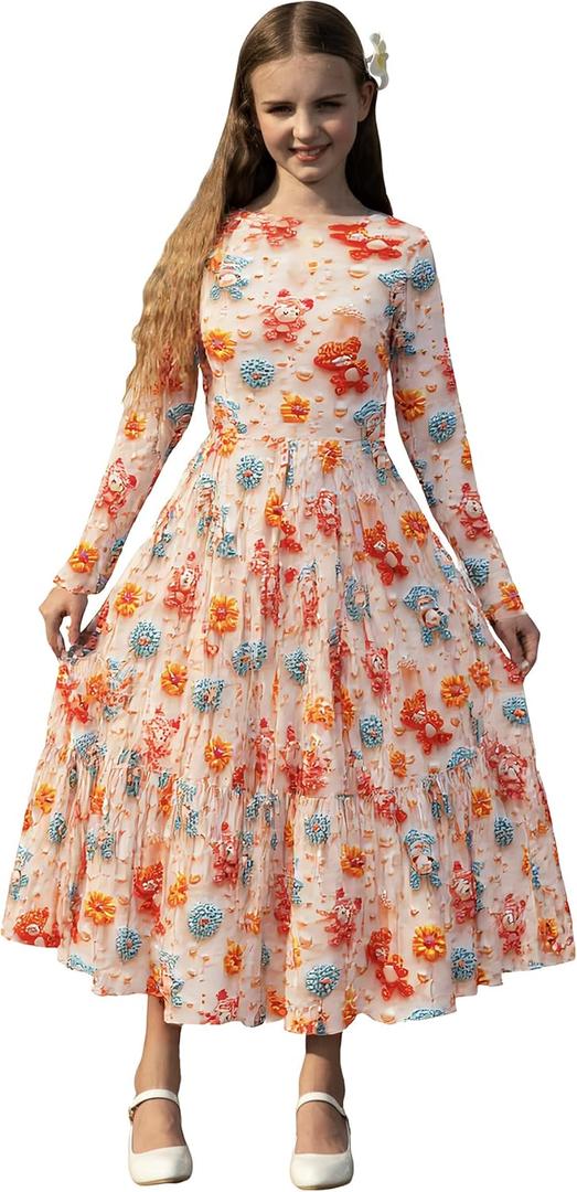 RONGTAI Girl Layered Swing A-Line Long Sleeve Dress Lightweight Casual 5D Printed Party Dresses for Little Kids 12-13Y