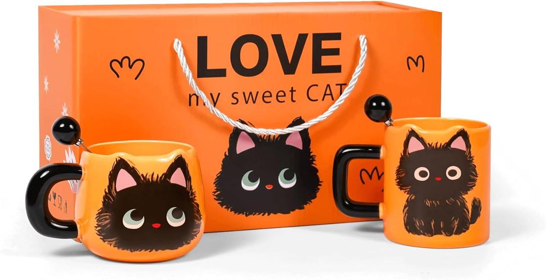 FunFink Cute Black Cat Couple Coffee Mugs Gift Set - Ceramic Matching Mugs with Spoons, Set of 2 (12.8 oz & 13.5 oz), Perfect Valentine's Day, Christmas, Anniversary Present for Cat Lovers & Couples
