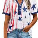 VILOVE American Flag Shirt Tops Women 4th of July T-Shirts Ring Hole Star Stripes USA Short Sleeve V-Neck Patriotic Tees (M)