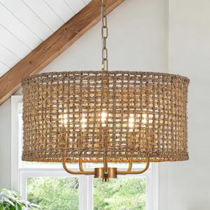 Boho Rattan Chandelier for Dining Room, Vintage Farmhouse Bamboo Golden Chandelier Modern 5-Lights Drum Hand-Woven Wicker Gold Chandeliers for Kitchen, Living Room, Entryway, Bedroom