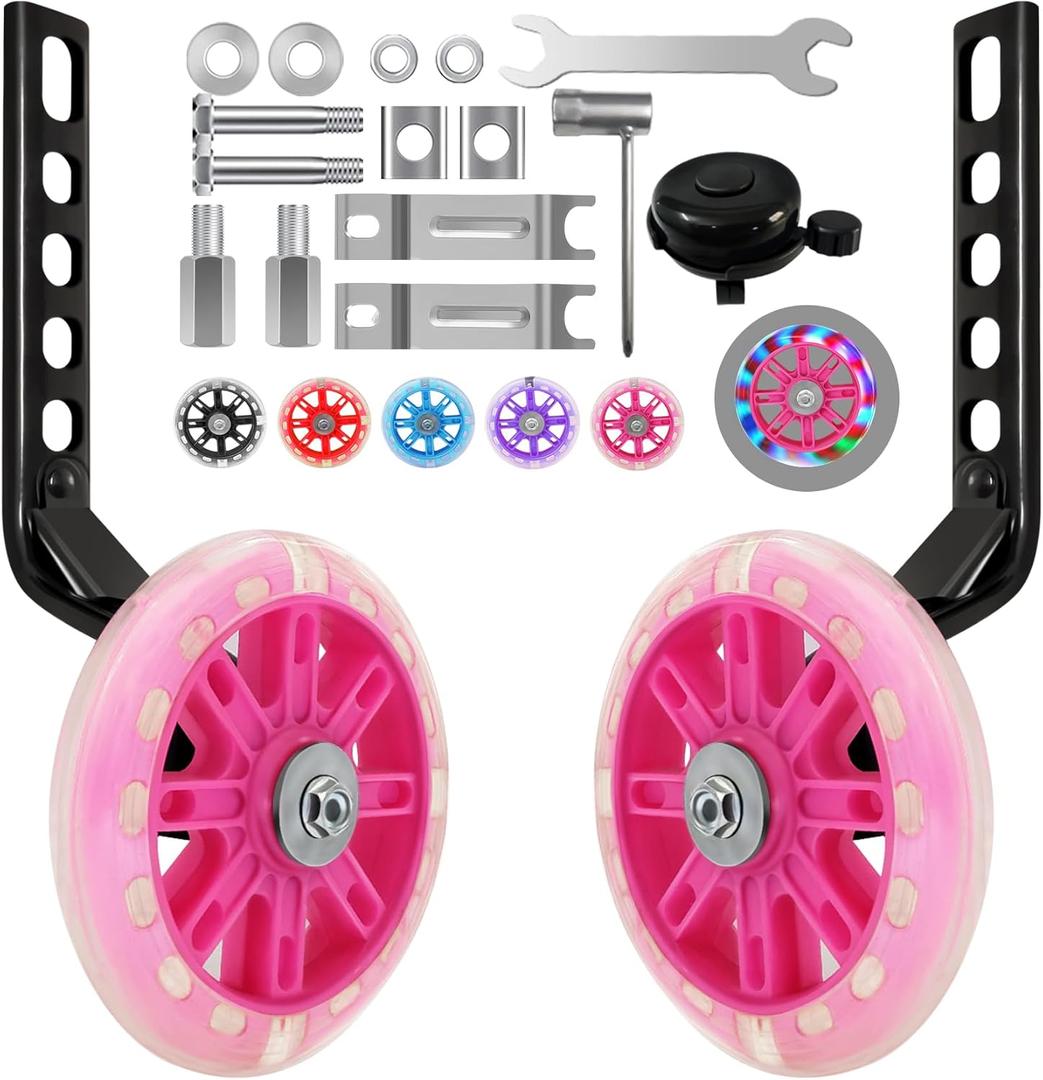 HAWENS Bike Training Wheels Mute Flash Wheels with Adjustable Bicycle Stabilizer Mounted Kit Compatible for 12 14 16 18 20 inch Single Speed Bike (Pink)
