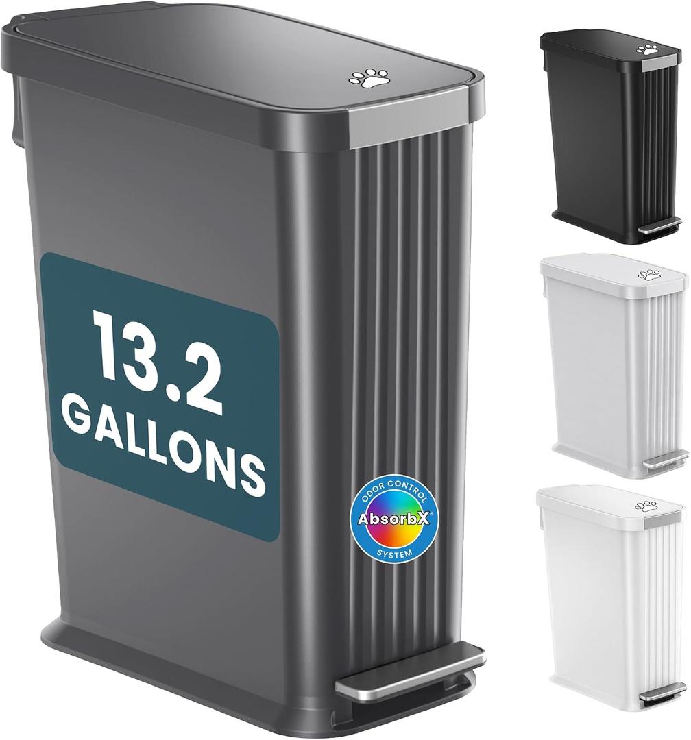 iTouchless 13.2 Gallon / 50 Liter Dog Poop Trash Can with Lid & AbsorbX Odor Filter, Indoor & Outdoor Rust-Proof Pet Waste Bin, Soft-Close Step Pedal, Large Capacity Recycle Bin, Matte Gray