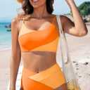 Herseas Women 2 Piece High Waisted Bikini Sets Color Block Popular Swimsuit 2026 Summer Beach Best Bathing Suits (Orange, M)