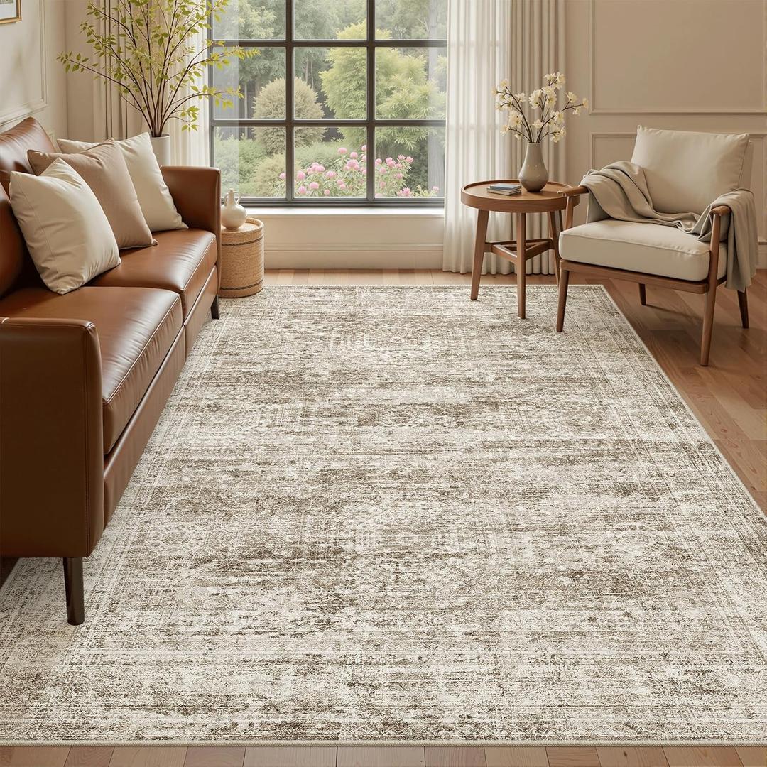 Soalmost 5x8 Area Rugs Brown Low Pile Indoor Washable Trendy Faded Style Rugs for Bedroom Living Room Dining Room Foldable Non-Slip Thin Print Home Office Mat