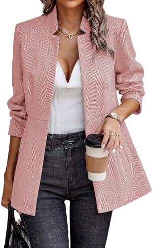 ELLEVEN Blazers for Women Business Casual Open Front Suit Jacket Herringbone Long Sleeve Stand Collar Work Blazer for Office with Full Lining and Padded Shoulders Light Pink Small