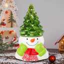 VCUTEKA Small Ceramic Christmas Tree Hand-Painted Vintage Tabletop Christmas Tree Holiday Decoration with Multi-Color Lights Green Xmas Trees Snowmen 8.75inch