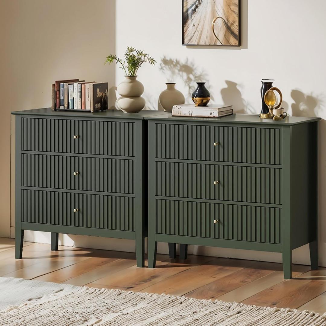 May in Color Large Green Fluted 3 Drawer Dresser Set of 2, Chest of Drawers with Ball Bearing Slide Modern 30 inch Tall Wood Nightstand with Spacious Storage for Bedroom Hallway Living Room Entryway