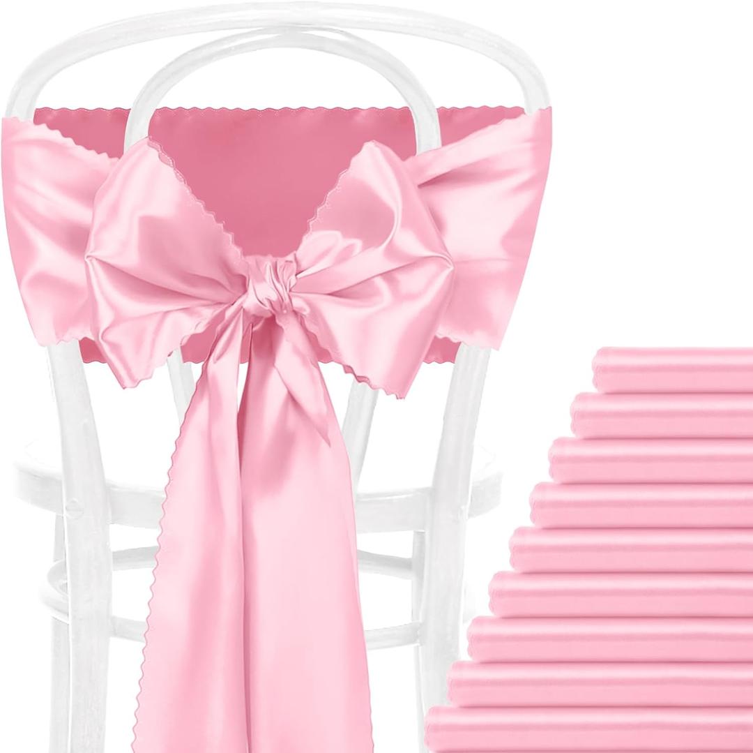12 Pcs Pink Satin Chair Sashes Bows, 7x108 Inch Chair Bow Ties Back Silky Dining Chair Sashes Satin Chair Ribbon for Wedding, Party, Banquet, Restaurant, Hotel Event, Chair Cover Decorations