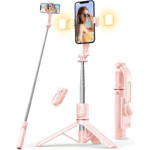 Selfie Stick with Light, 45'' Selfie Stick Tripod with Wireless Remote, Portable Travel Phone Tripod Compatible with iPhone 15 Pro Max/15/14 Pro/14/13, Samsung S22/ S23 Ultra/Android Smartphone (Pink)