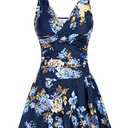 Floral One Piece Swimsuits for Women Tummy Control Swimsuit Swimwear Skirt V Neck Swim Dress Bathing Suit Navy Blue L