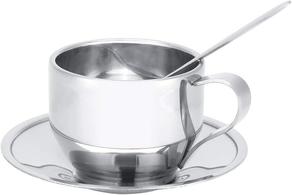 Stainless Steel Espresso Cup with Saucer and Spoon  4 oz Double Wall Insulated Demitasse Coffee Mug, Single Set for Home, Coffee Bar, Travel, Latte, Cappuccino, Milk, Tea