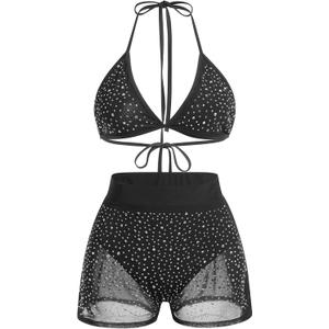 Women Sparkle Rhinestone Mesh Sheer Bikini Sets Halter Bra Top High Waist Shorts Bottom Swimsuits Rave Outfit (Small, Black)